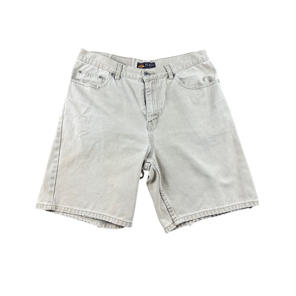 Vintage Route 66 Shorts Men 34 Beige Relaxed Fit Denim 100% Cotton Twill Raw Hem
